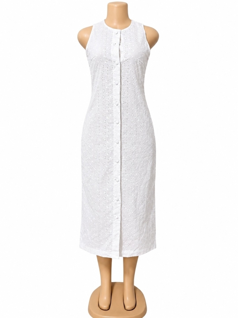 Sleeveless White Eyelet Button-Front Midi Dress